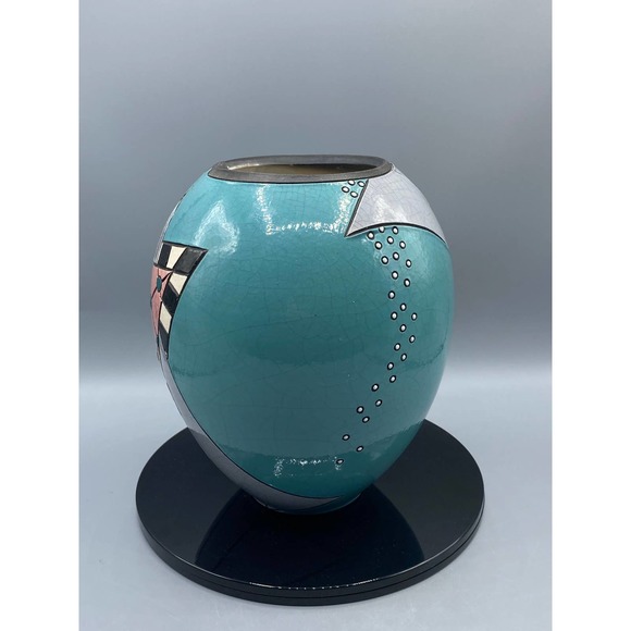 Andy Smith Raku Crackled Glaze Geometric Design Vase Art Deco Style Pottery - Picture 4 of 7